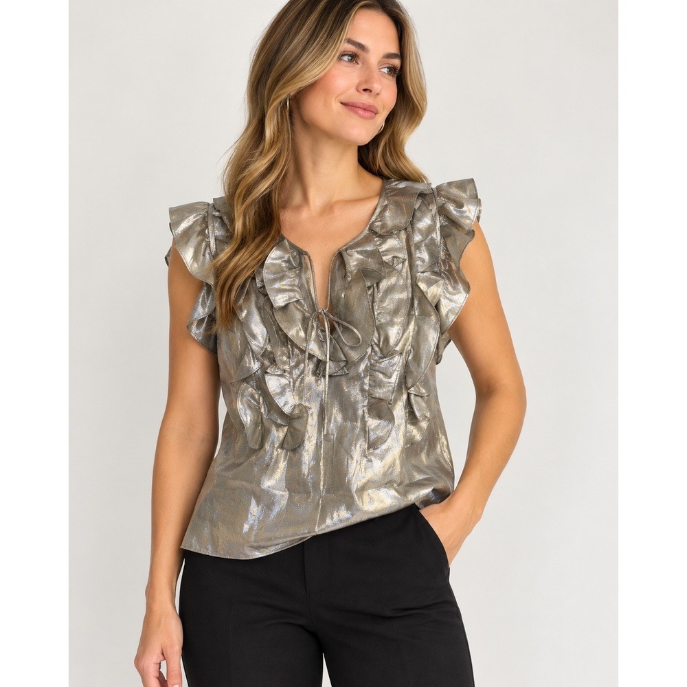 Lauren Ralph Lauren Silk Ruffle Blouse Size 4 NEW Pewter Party Cocktail Top
